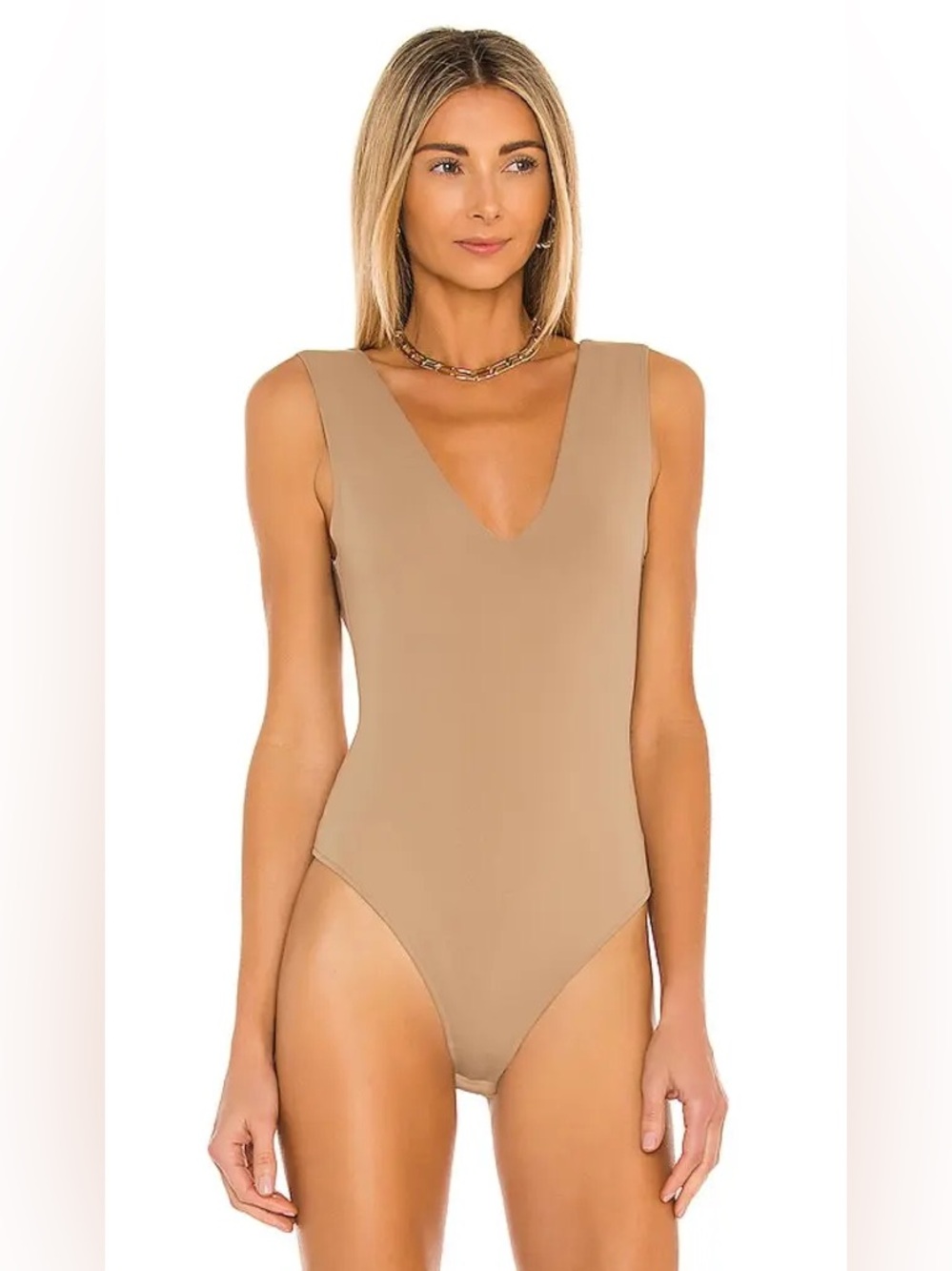 Intimately Free People Keep It Sleek Tan V-Neck Front Back Thong Bodysuit EUC M